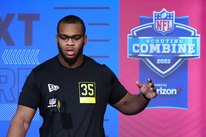 Alabama Crimson Tide offensive lineman Evan Neal during the NFL Scouting Combine at the Indiana Convention Center.